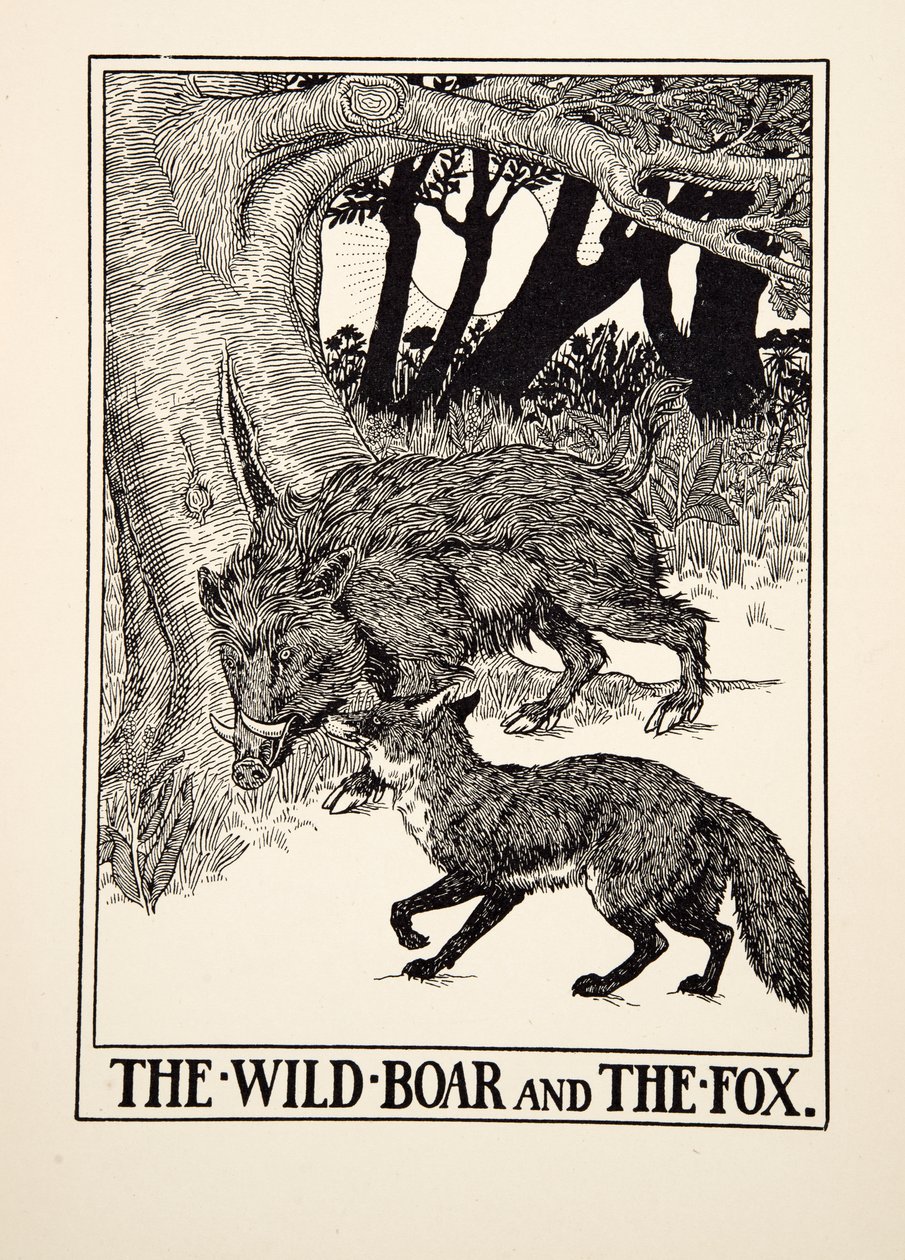 The Wild Boar and the Fox, fra A Hundred Fables of Aesop, pub.1903 (gravering) av Percy J. Billingshurst
