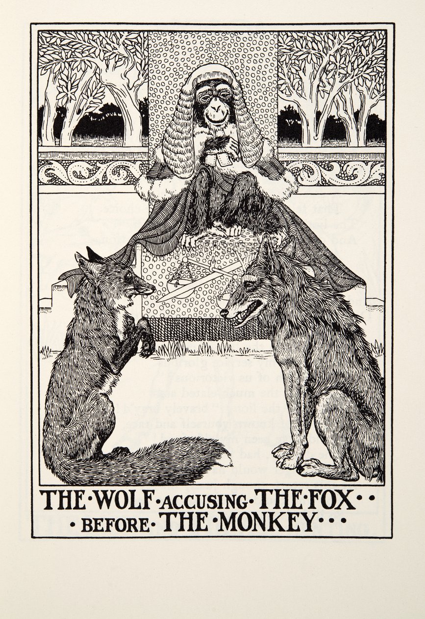 The Wolf Anklager The Fox before the Monkey, fra Fontaine Fables, pub. 1905 av Percy J. Billingshurst
