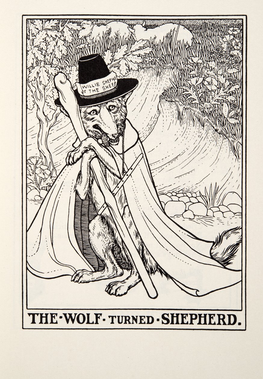 The Wolf Turned Shepherd, fra Fontaine Fables, pub. 1905 av Percy J. Billingshurst