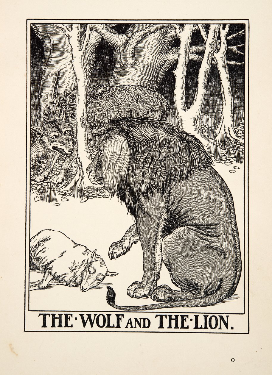 The Wolf and the Lion, fra A Hundred Fables of Aesop, pub.1903 (gravering) av Percy J. Billingshurst