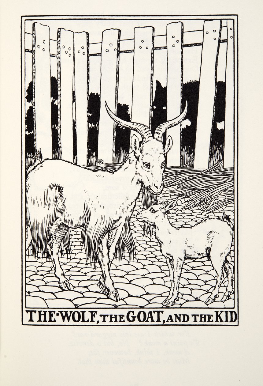 The Wolf, the Goat and the Kid, fra Fontaine Fables, pub. 1905 av Percy J. Billingshurst