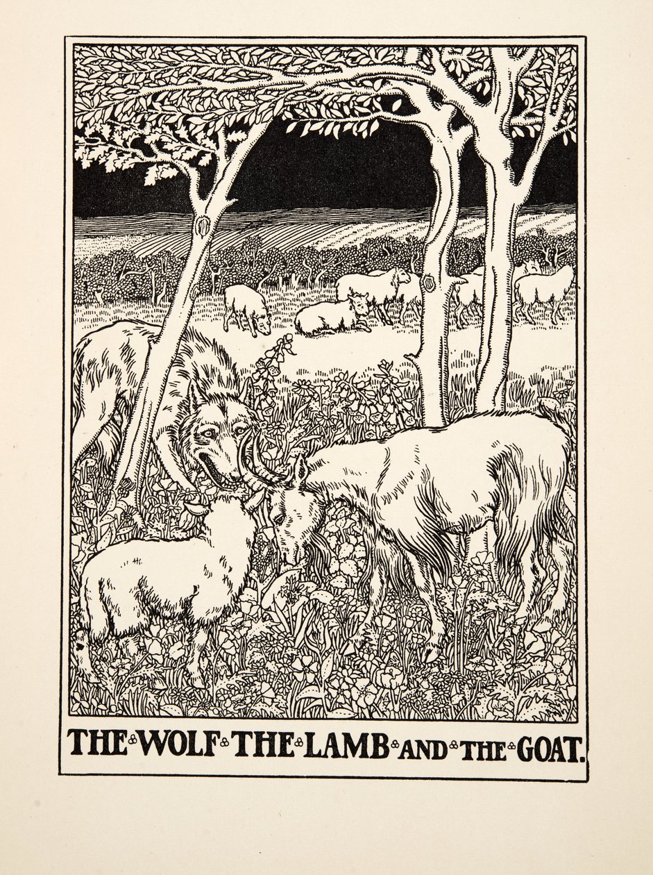 The Wolf, the Lamb and the Goat, fra A Hundred Fables of Aesop, pub.1903 (gravering) av Percy J. Billingshurst