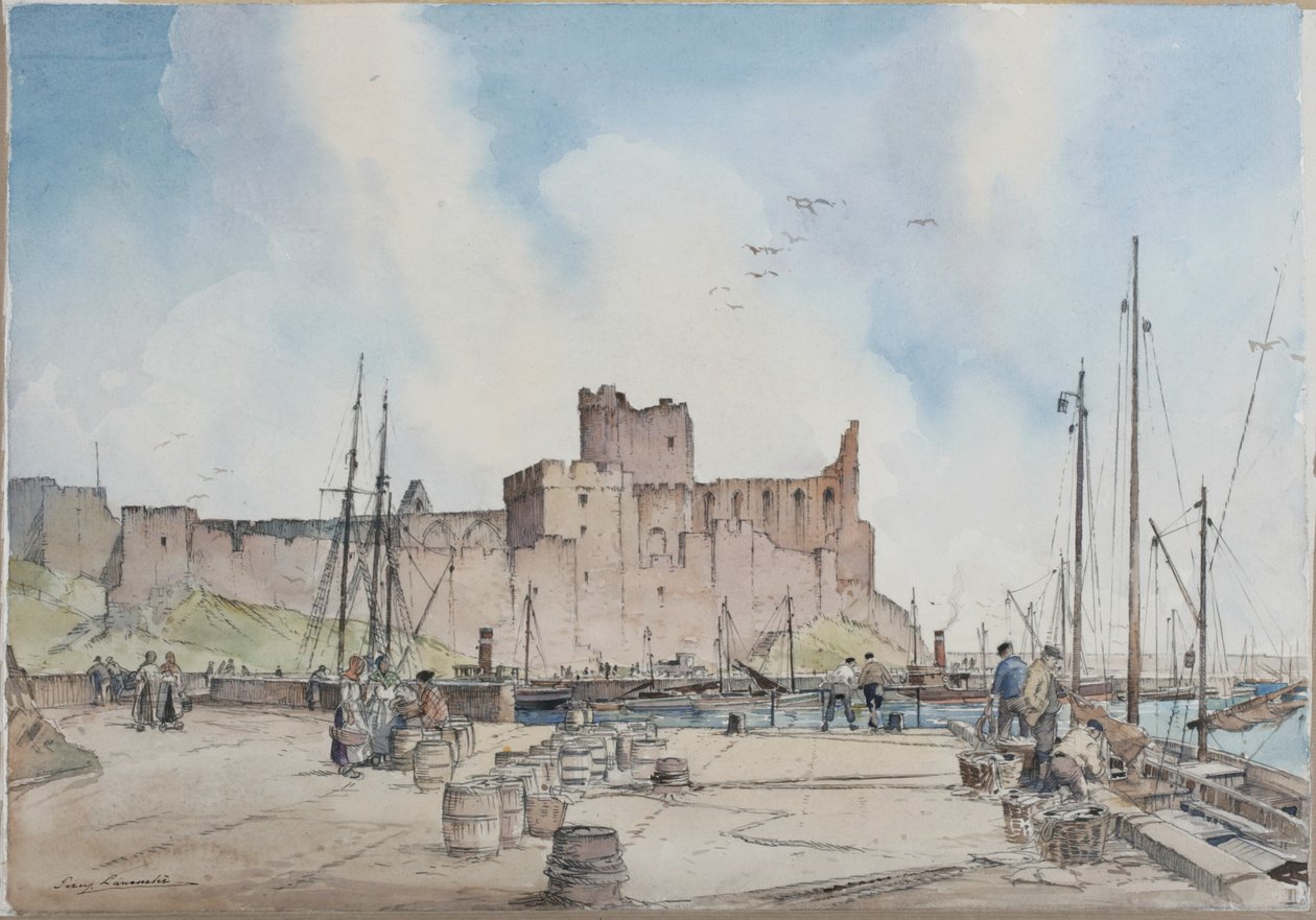 Peel Castle, Isle of Man (blyant og akvarell på papir) av Percy Lancaster