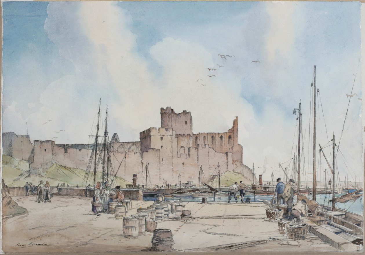 Peel Castle, Isle of Man (blyant og akvarell på papir) av Percy Lancaster
