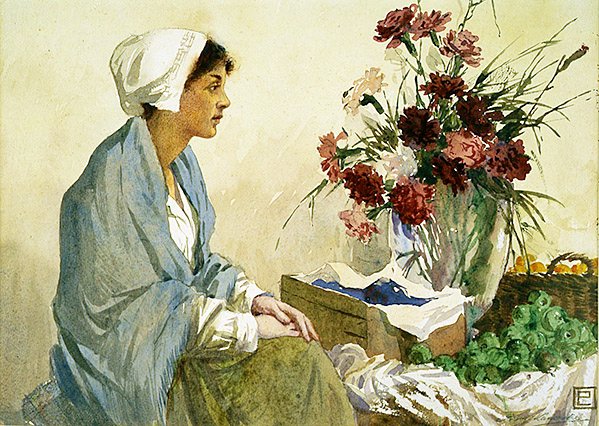 Blomsterselgeren (akvarell på papir) av Percy Lancaster