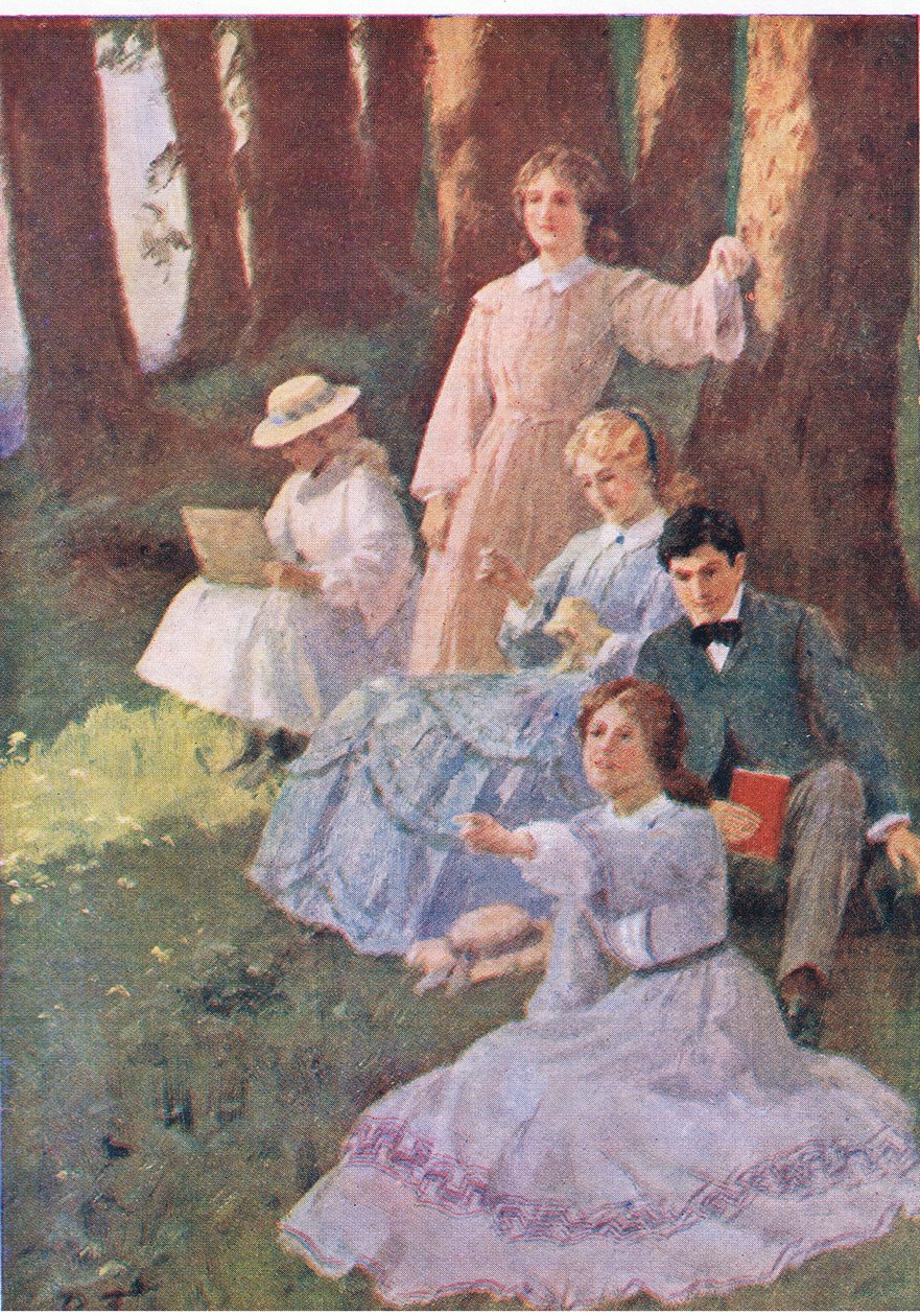 Jo pekte, og Laurie stilte opp for å undersøke, fra Little Women utgitt av Associated Newspapers Limited, ca. 1940 (farge litho) av Percy Tarrant