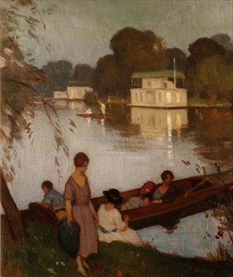 På Themsen, ca. 1925 (olje på lerret) av Percy William Gibbs