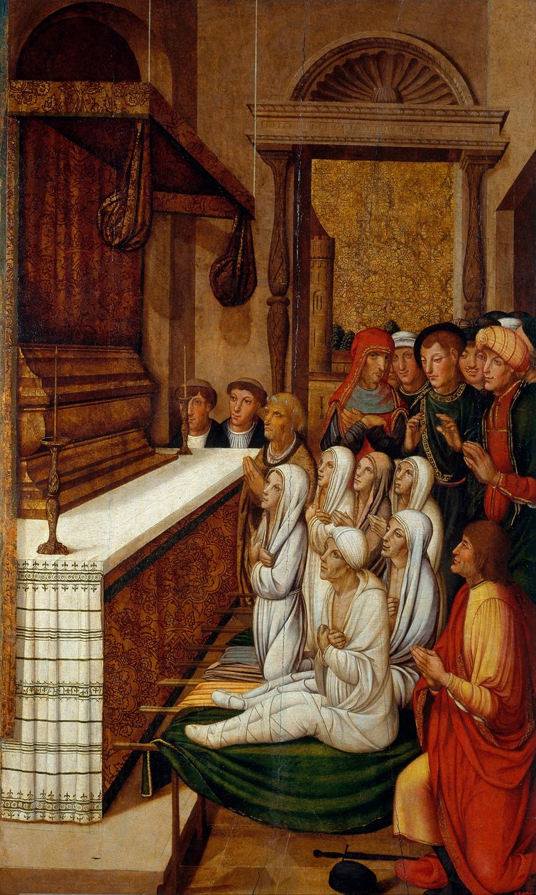 Seks oppstandelser devant les reliques de saint Etienne - Seks oppstandelser før relikviene til Saint Stephen - Peinture de Pere (Pedro) Gasco (1502/05-1546) - ca. 1535 - Tempera på panel - 146,7x88,5 - Museu Nacional d 