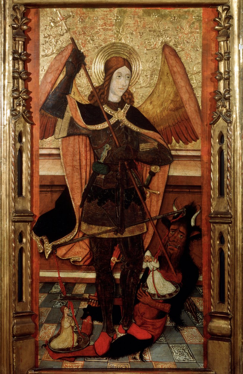 Erkeengelen Michael som veier de dødes sjeler, tidlig på 1500-tallet. av Pere Espalargues the younger