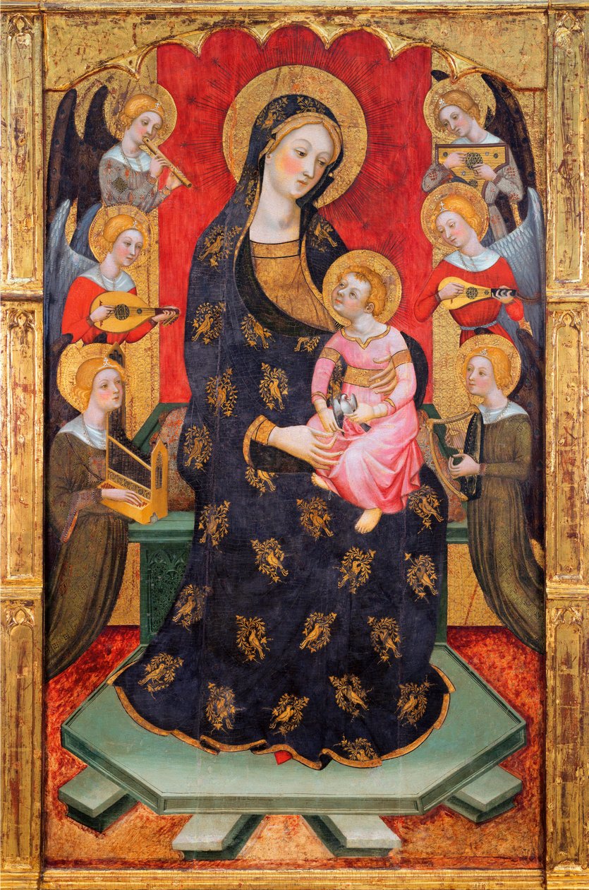 Madonna and Child with Musician Angels - Madonna with Angels Playing Music - Maleri av Pere (Pedro) Serra (aktiv ca. 1357-1406), ca 1380 - Tempera på panel - Museu Nacional d'Art de Catalunya, Barcelona av Pere Serra