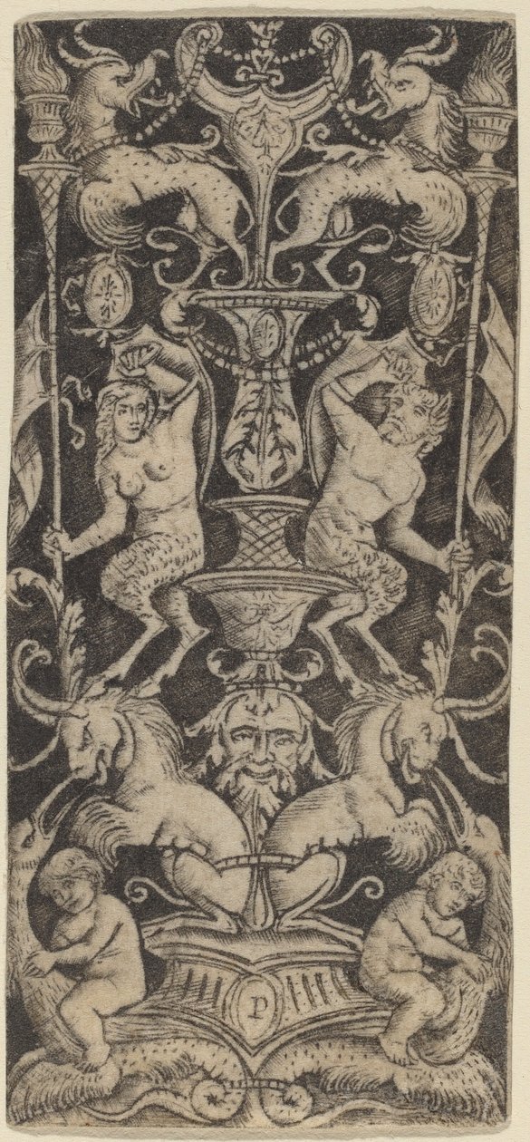 Panel av ornament med to nakne barn på monstrøse beist av Peregrino da Cesena