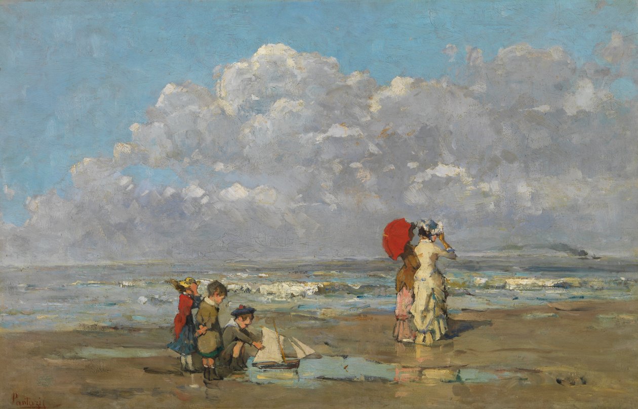 På stranden (olje på lerret) av Pericles Pantazis