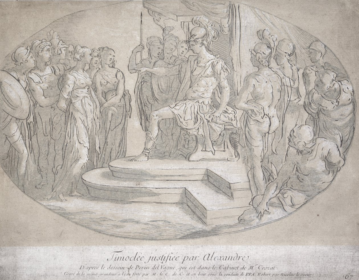 Alexandre et Timoclee, gravert av Nicolas Lesueur (1691-1764) (litho) av Perino del Vaga