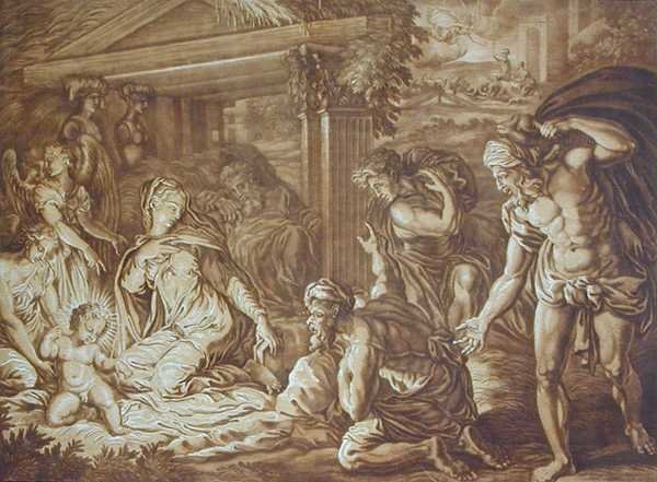 Hyrdenes tilbedelse, gravert av Elishah Kirkhall (1682-1742) 1724 (farge litho) av Perino del Vaga