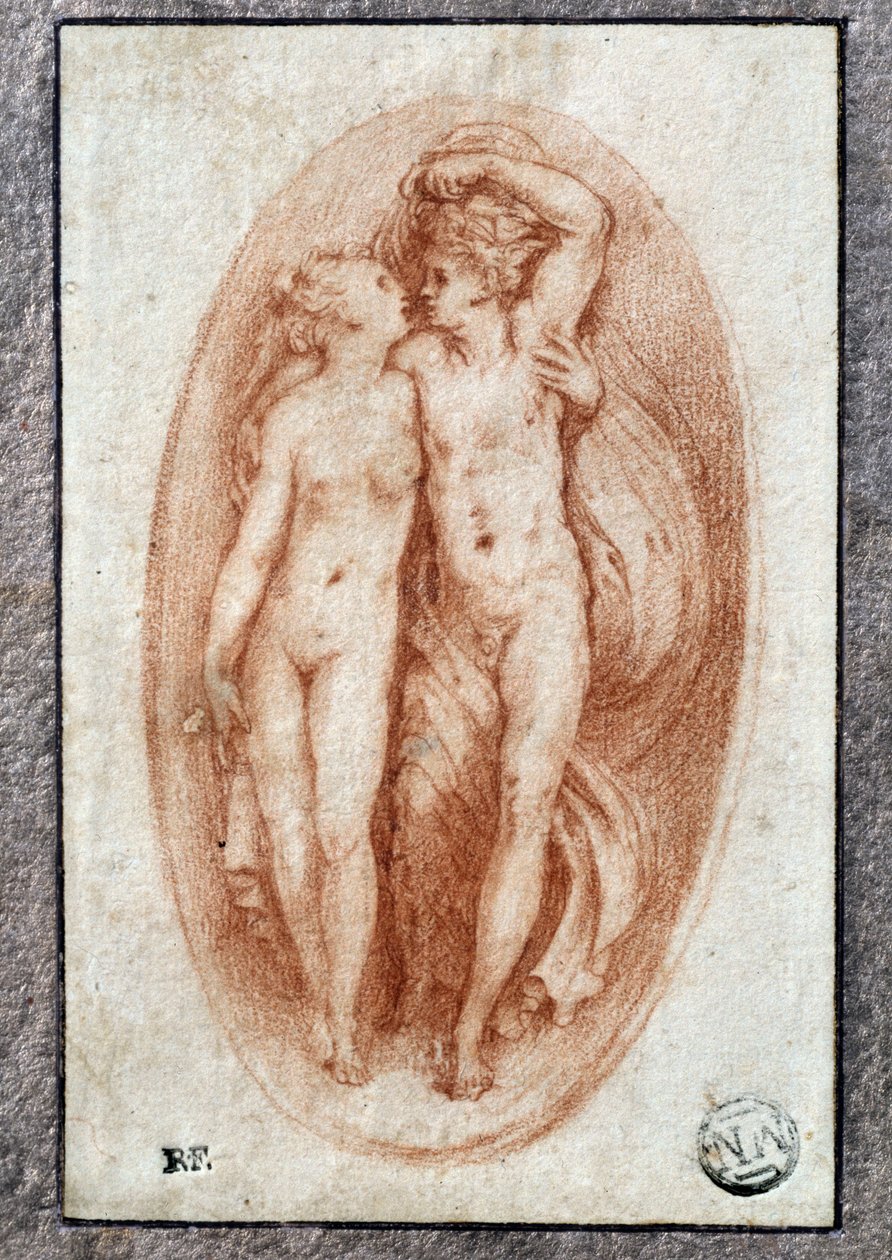Par omfavner. Tegning a la sanguine av Pietro Buonaccorsi (1500-1546 / 47) også kjent som Pierino del Vaga av Perino del Vaga