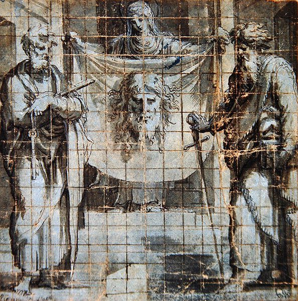 St. Veronica med SS. Peter og Paul (penn og blekk og vask på papir) av Perino del Vaga