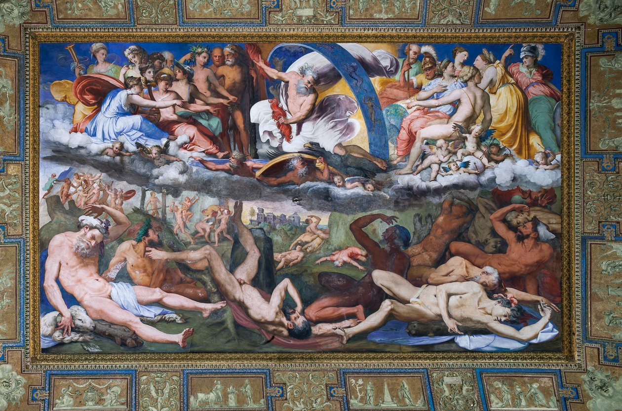 Zevs slår de opprørske kjempene (kjempenes fall) i The Hall of Jupiter av Perino del Vaga
