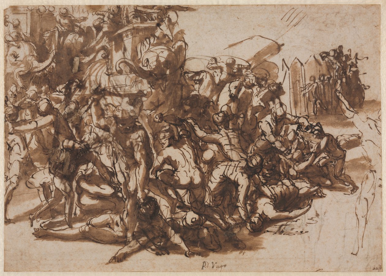 Poros angrepet av den makedonske hæren recto, Sketches of Animals verso, ca. 154547. av Perino del Vaga