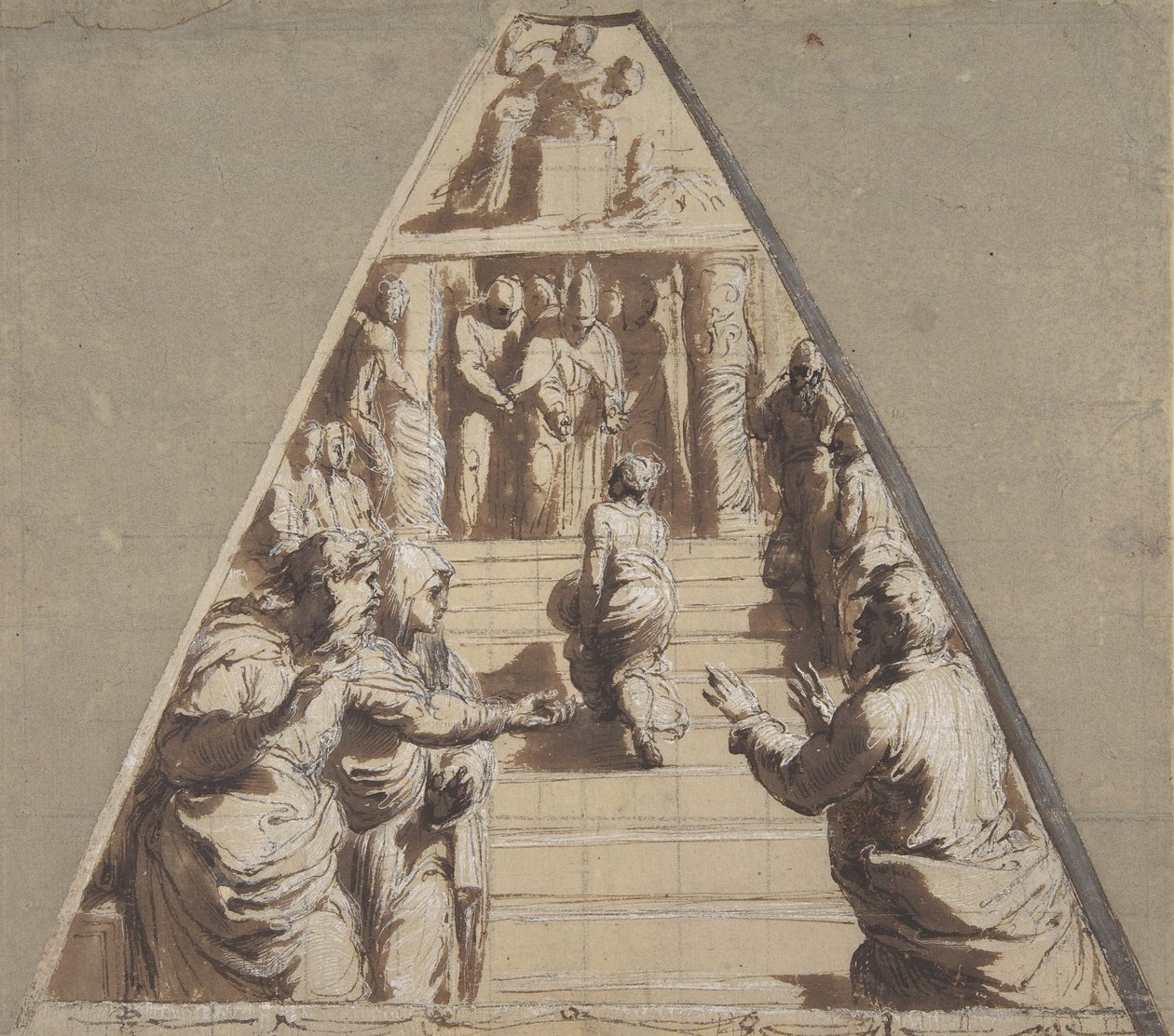 Presentasjon av jomfruen i tempelet nedenfor, Abraham i ferd med å ofre Isak ovenfor, 1520. av Perino del Vaga