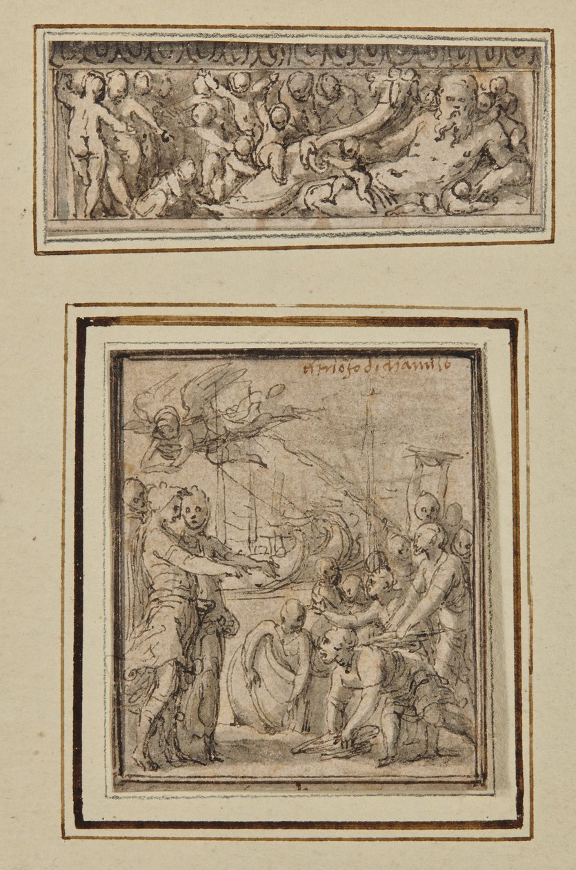 Elvegud omgitt av putti; og Triumf av Marcus Furius Camillus av Perino del Vaga