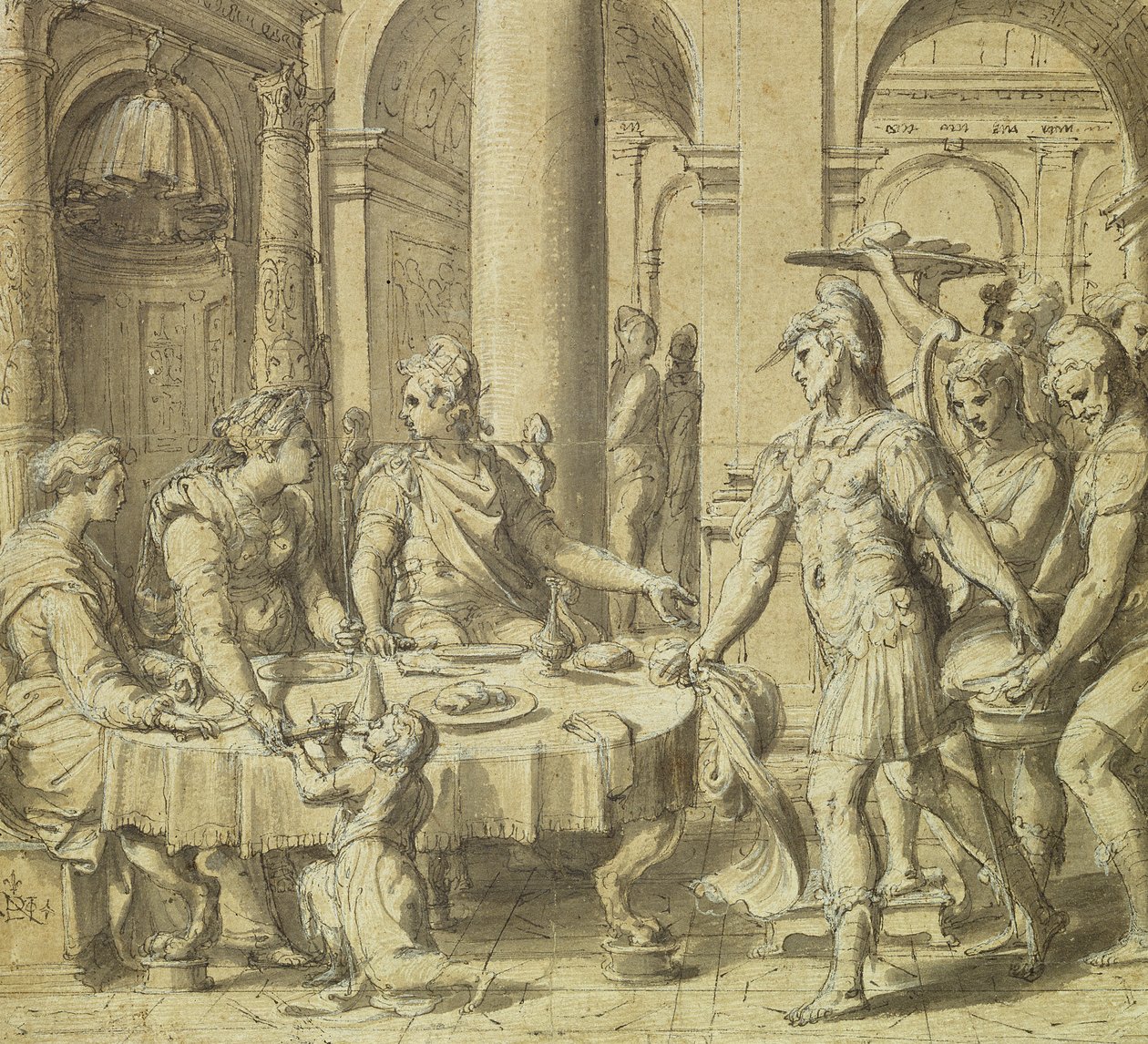 The Banquet of Dido and Aeneas, modell for et billedvev i Story of Aeneas-serien, ca. 1532 (penn og blekk og vask på papir) av Perino del Vaga