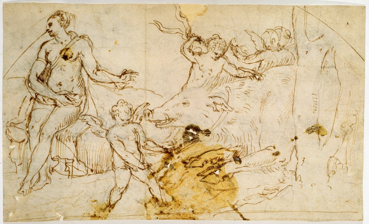 Venus, putti og et villsvin, ca. 1520-1540 av Perino del Vaga