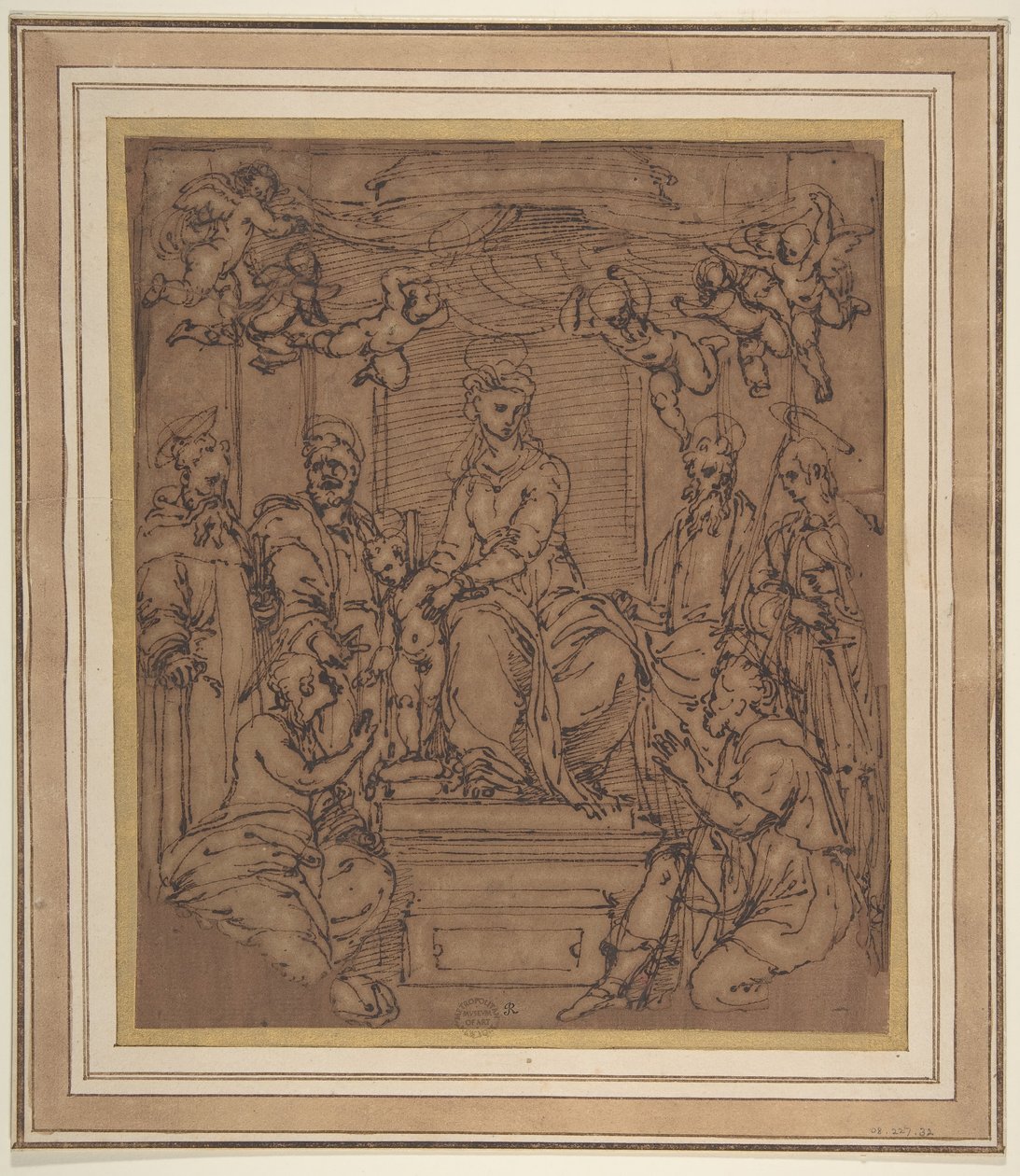 Jomfru og barn på tronen med Saint Anthony Abbed, Saint Peter, Saint Paul..., 1522-23. av Perino del Vaga