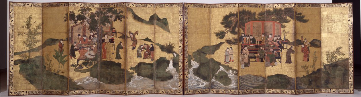 The Eight Immortals of the Wine Cup, ca. 1600 (blekk, pigment på gull, et par seksdobbelte skjermer) av Period Momoyama