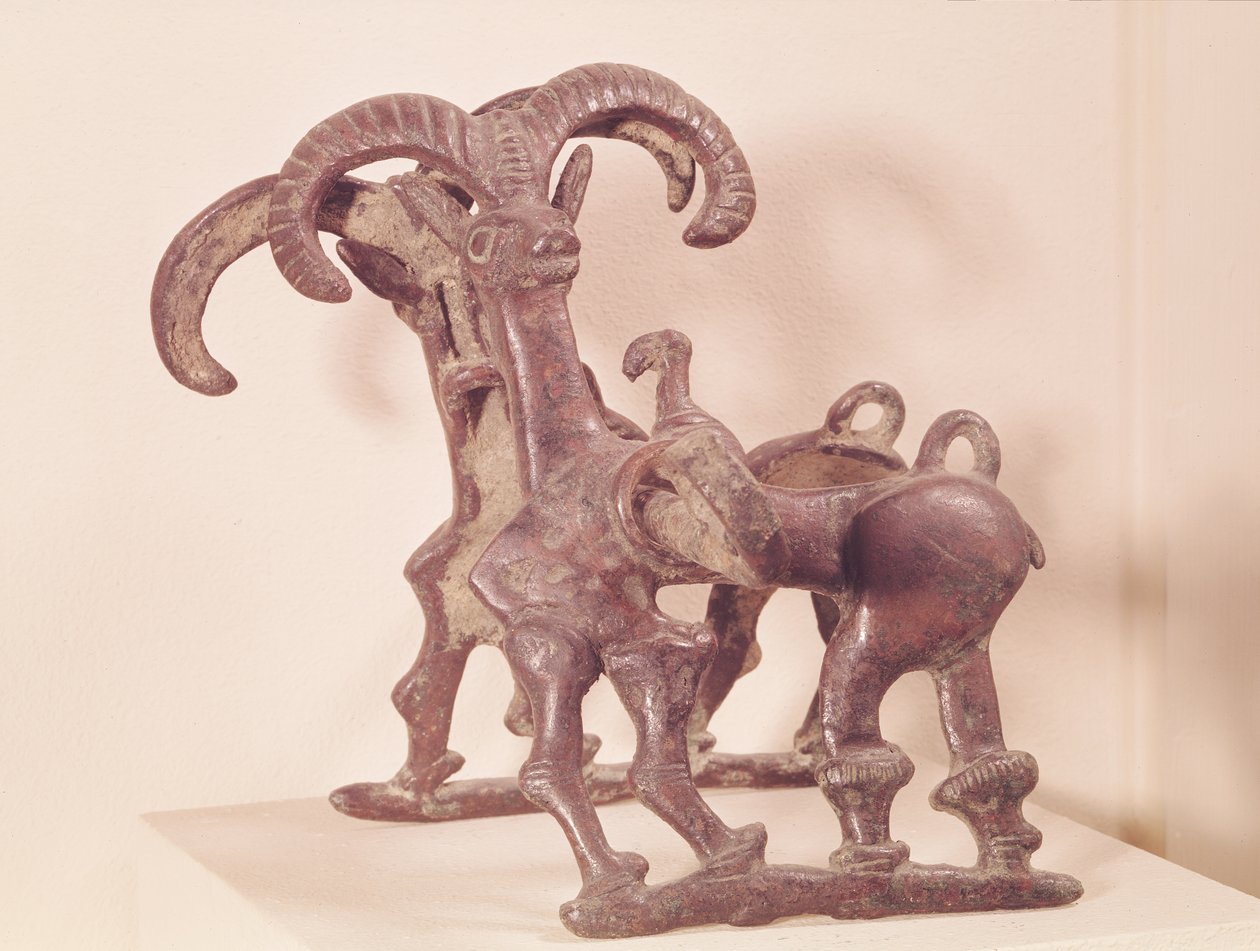 Hestebiter dekorert med to ibex, fra Lorestan, Iran, 8.-7. århundre f.Kr. (bronse) av Period Neo Elamite
