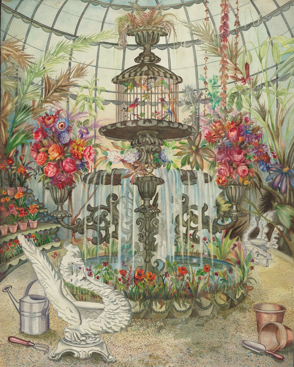 Conservatory Fountain, c. 1938.    1164844   no       norwegian Successfully Translated  Original: Keizerskroon, orchidee en lelietjes-van-dalen Florilegium (series title) Translat: Keizerskroon, orchidee en lelietjes-van-dalen Florilegium (series title) 1 av Perkins Harnly
