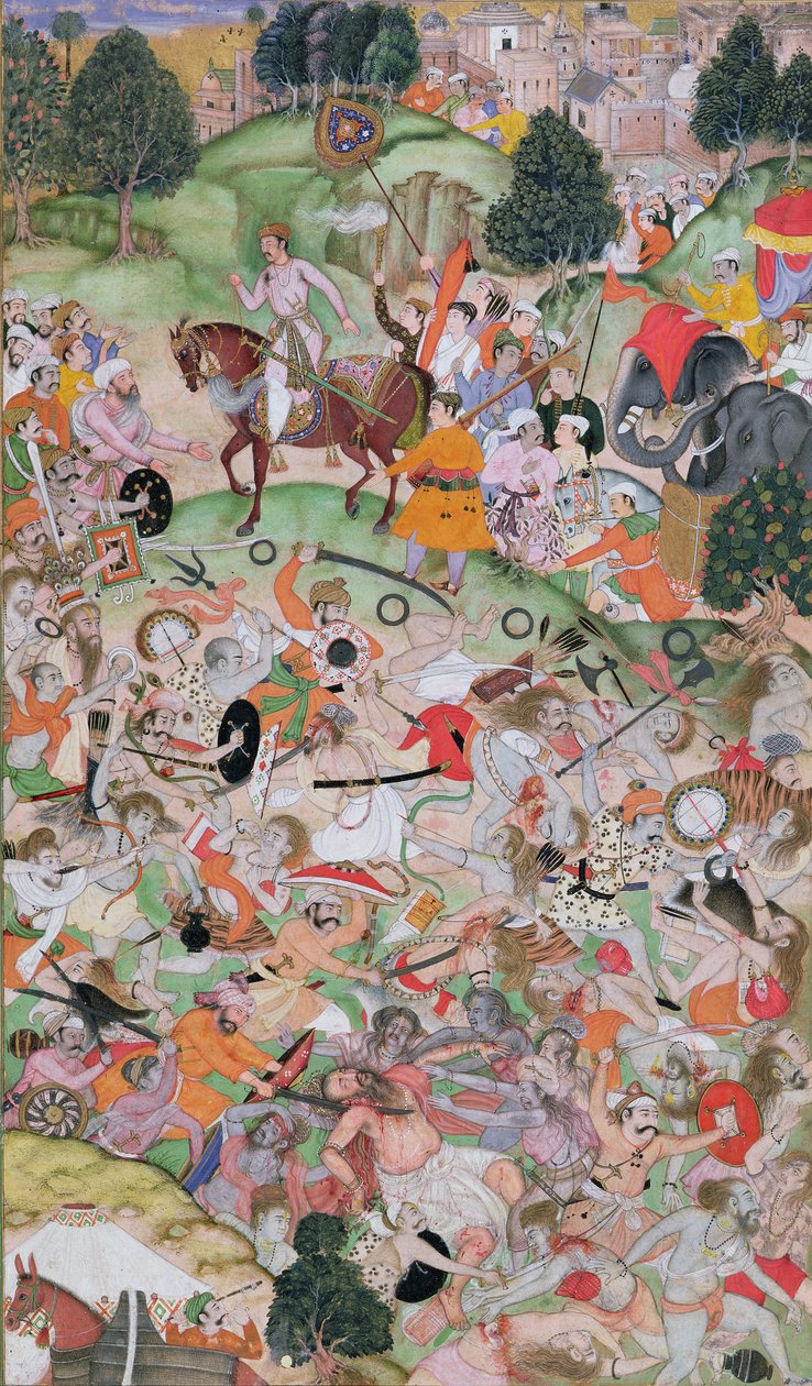 Akbar bistår i asketenes krangel, fra Akbarnama, Mughal, ca. 1590-95 (ugjennomsiktig wc og gull på papir) av Persian School