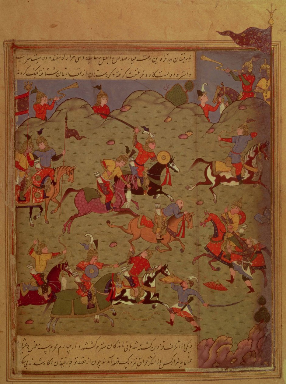 Codrington MS (nr. 249A). En kampscene, fra Iskandar-nama av Nizami, ca. 1525 (wc, blekk og gull på papir) av Persian School