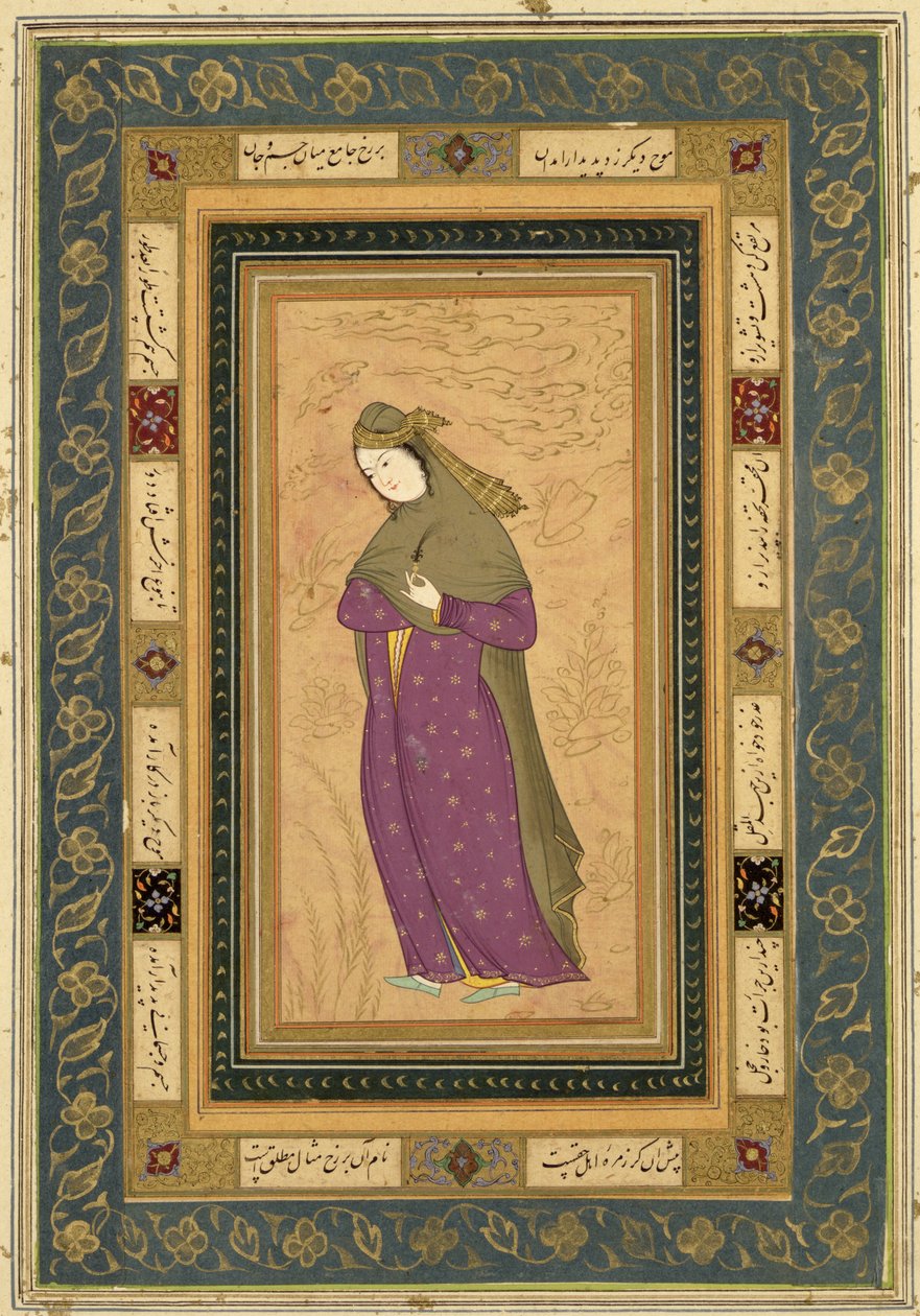 Jente som holder en aigrette, fra Large Clive Album, ca. 1620-30 av Persian School