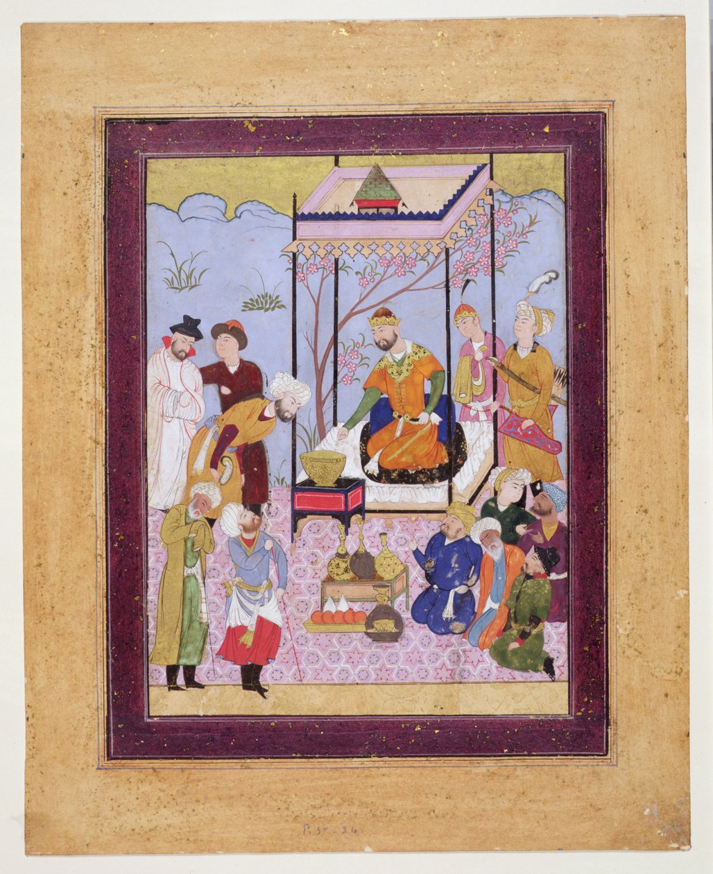 Khamsa av Nizami i en paviljong blant tilhengere og ledsagere, ca. 1590 (wc, kroppsfarge og forgylt på kort) av Persian School