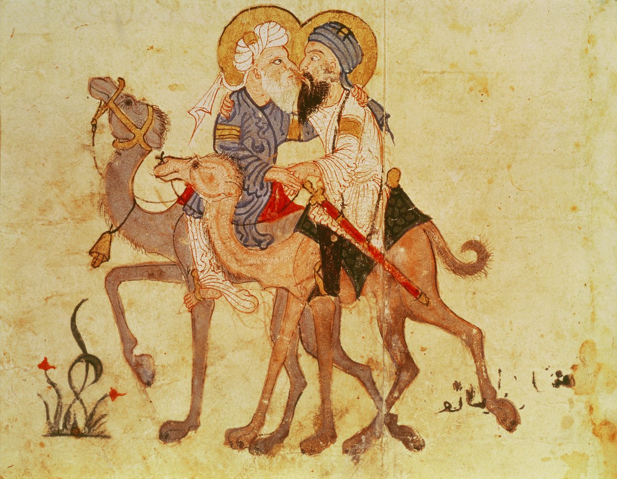 Ms Ar 3929 f.122, Farewells of Abu-Zayd og Al-Harith før returen til Mekka, fra 'Al Maqamat' (The Meetings) av Al-Hariri, ca. 1240 (gouache på vellum) av Persian School
