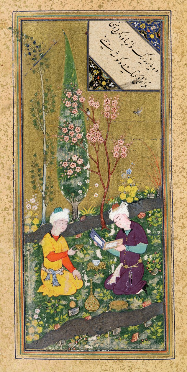 Ms C-860 fol.9a To figurer som leser og slapper av i en frukthage, ca. 1540-50 av Persian School