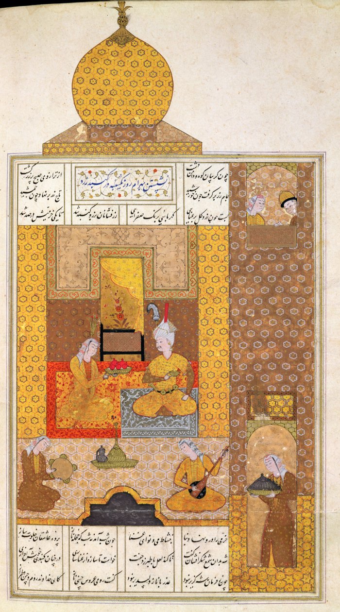 D-212 fol.205b Bahram (420-28) besøker prinsessen av Turkestan, illustrasjon til De syv prinsesser, 1199, av Elias Nezami (1140-1209) ca. 1550 av Persian School