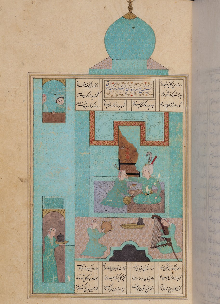 D-212 fol.216a Bahram besøker en prinsesse i den turkise paviljongen, illustrasjon til 