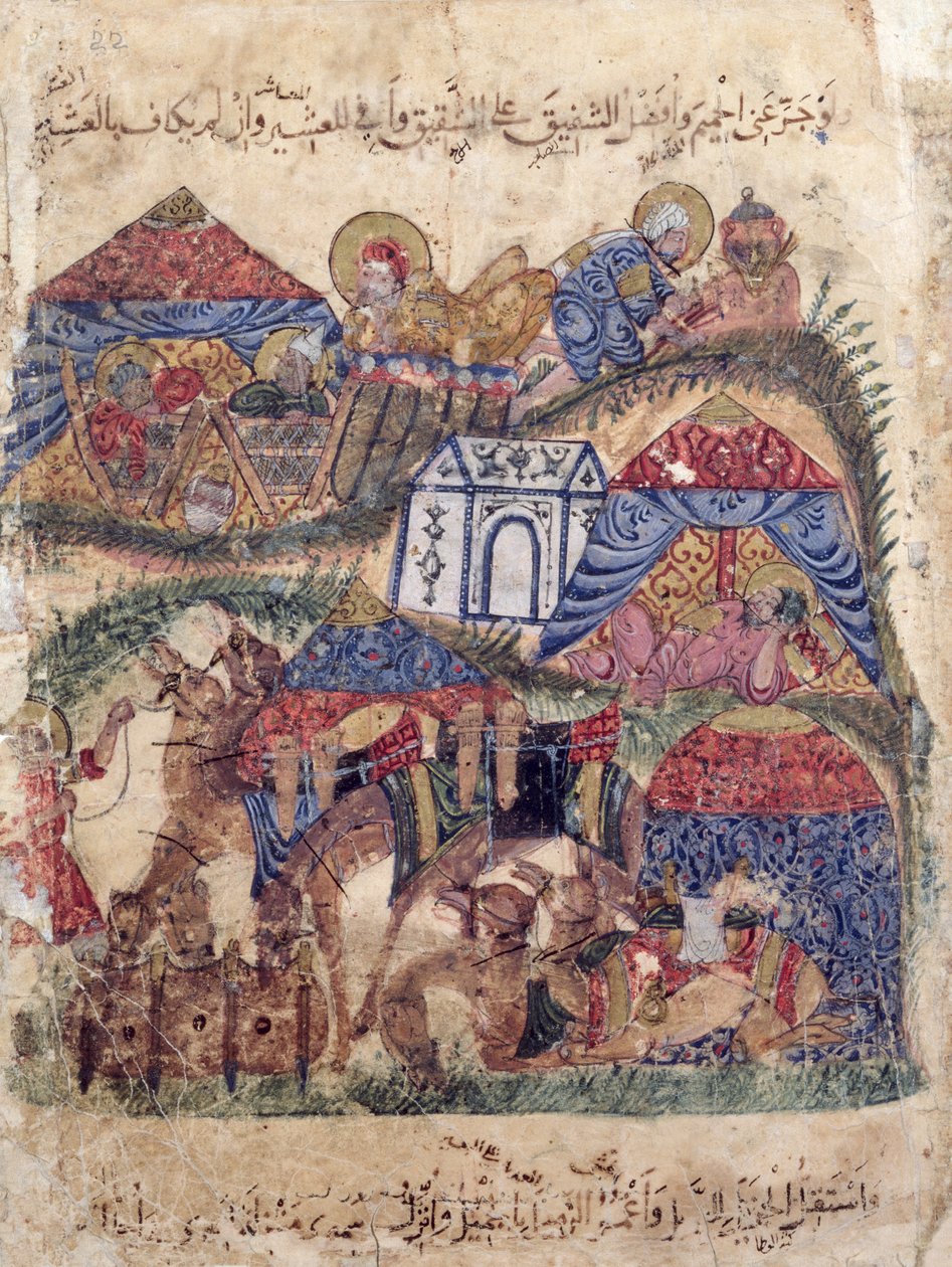 Ms c-23 f.12a, A caravan stop, fra 'The Maqamat' (The Meetings) av Al-Hariri, c.1240 (gouache på vellum) av Persian School