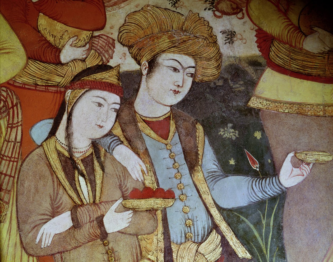 Adelsmenn ved domstolen til Shah Abbas I (1588-1629) (detalj) av Persian School