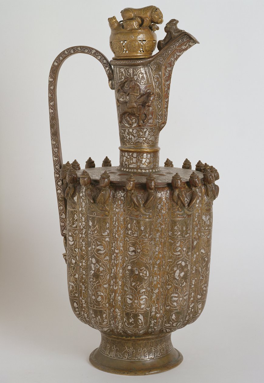 Mugge med håndtak og lokk, fra Khorasan, Safavid-dynastiet (messing gravert med sølvinnlegg) av Persian School