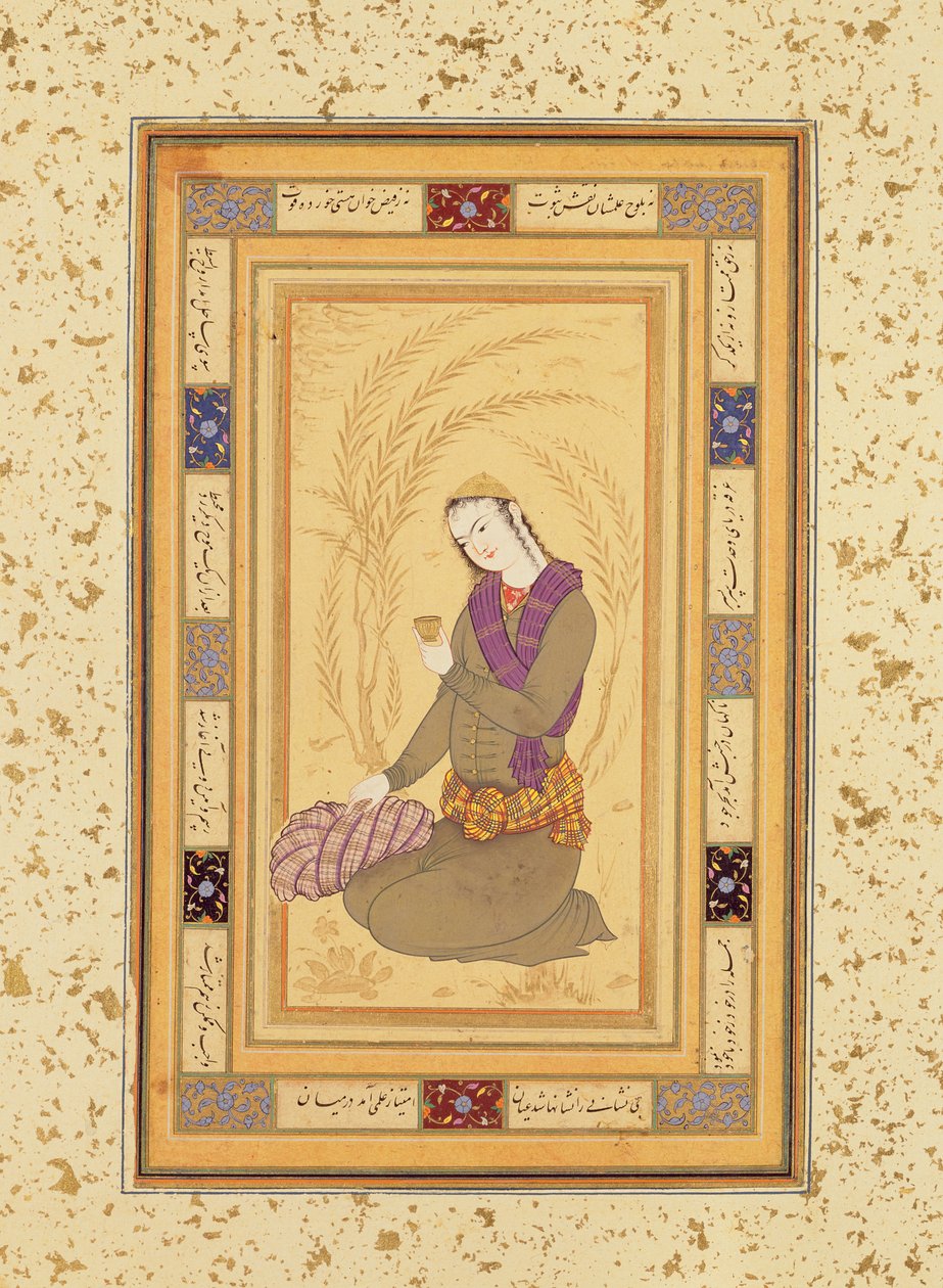 Sittende ungdom som holder en kopp, fra Large Clive Album, ca.1610-20 av Persian School