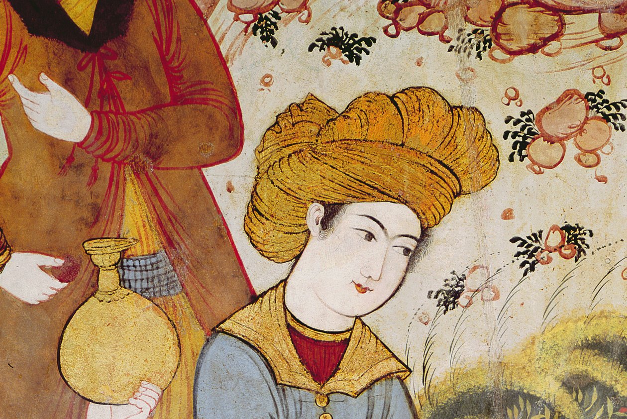 Shah Abbas I (1588-1629) og en hoffmann som tilbyr frukt og drikke (detalj fra 155563 som viser hodet til hoffmannen) av Persian School