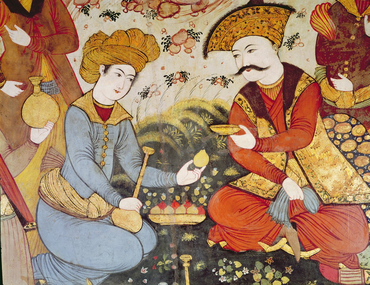 Shah Abbas I (1588-1629) og en hoffmann som tilbyr frukt og drikke (detaljer) av Persian School