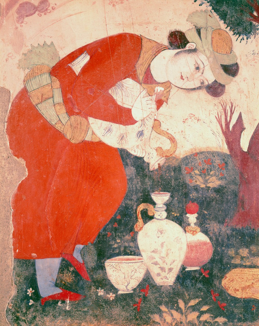 Kvinne skjenker vin i domstolen til Shah Abbas I, 1585-1627 (detaljer) av Persian School