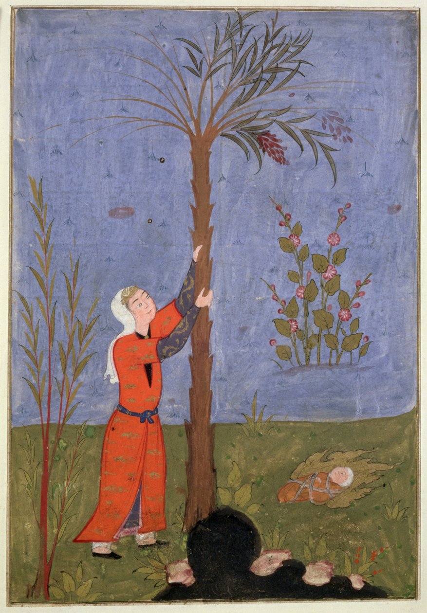 53(d) Mary Gripping the Date Palm, persisk miniatyr, Qazvin av Persian School