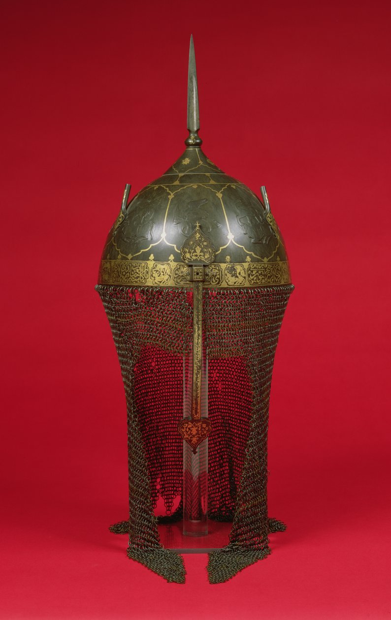 Hjelm med ringbrynjevakt, Safavid Period (forgylt, stål og messing) av Persian School