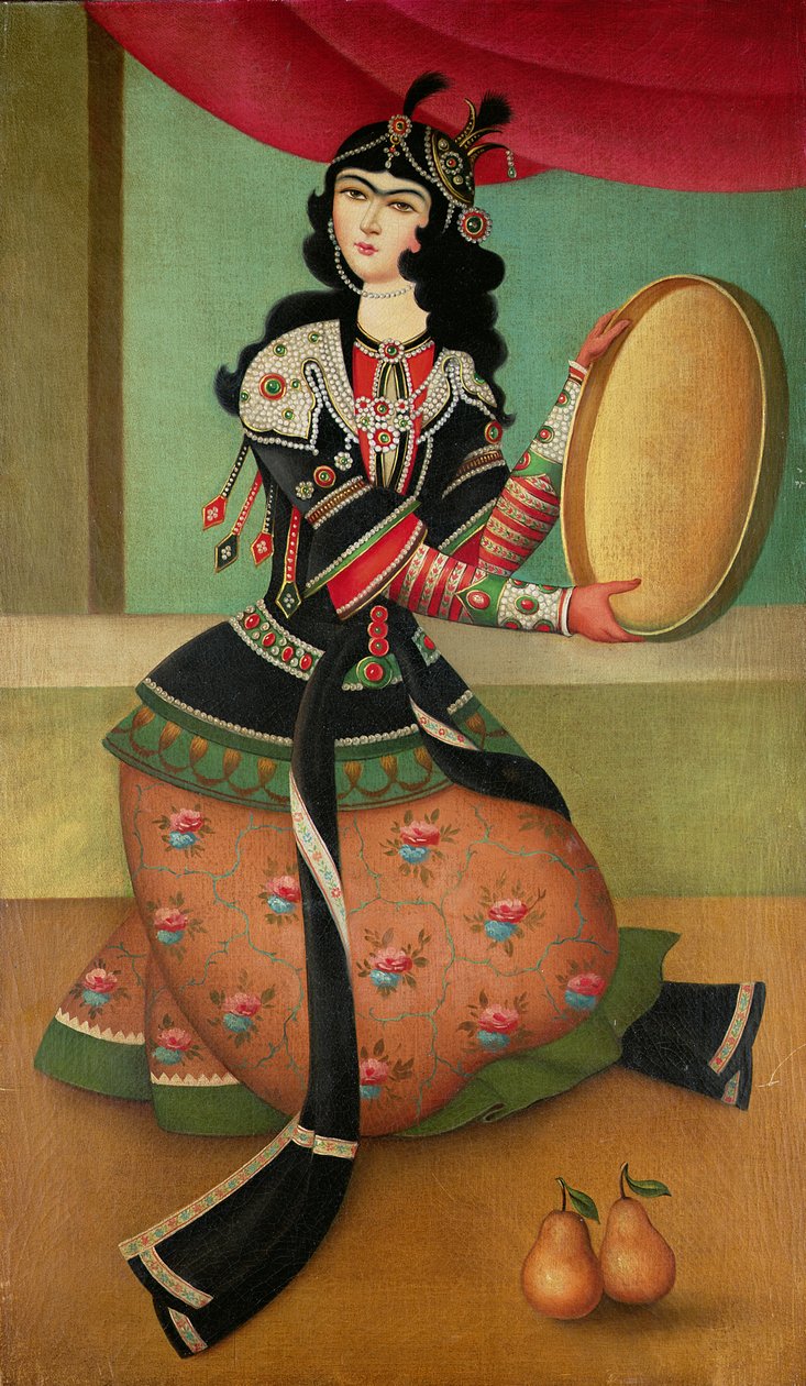 En dansende jente med en tamburin, Qajar-skole av Persian School
