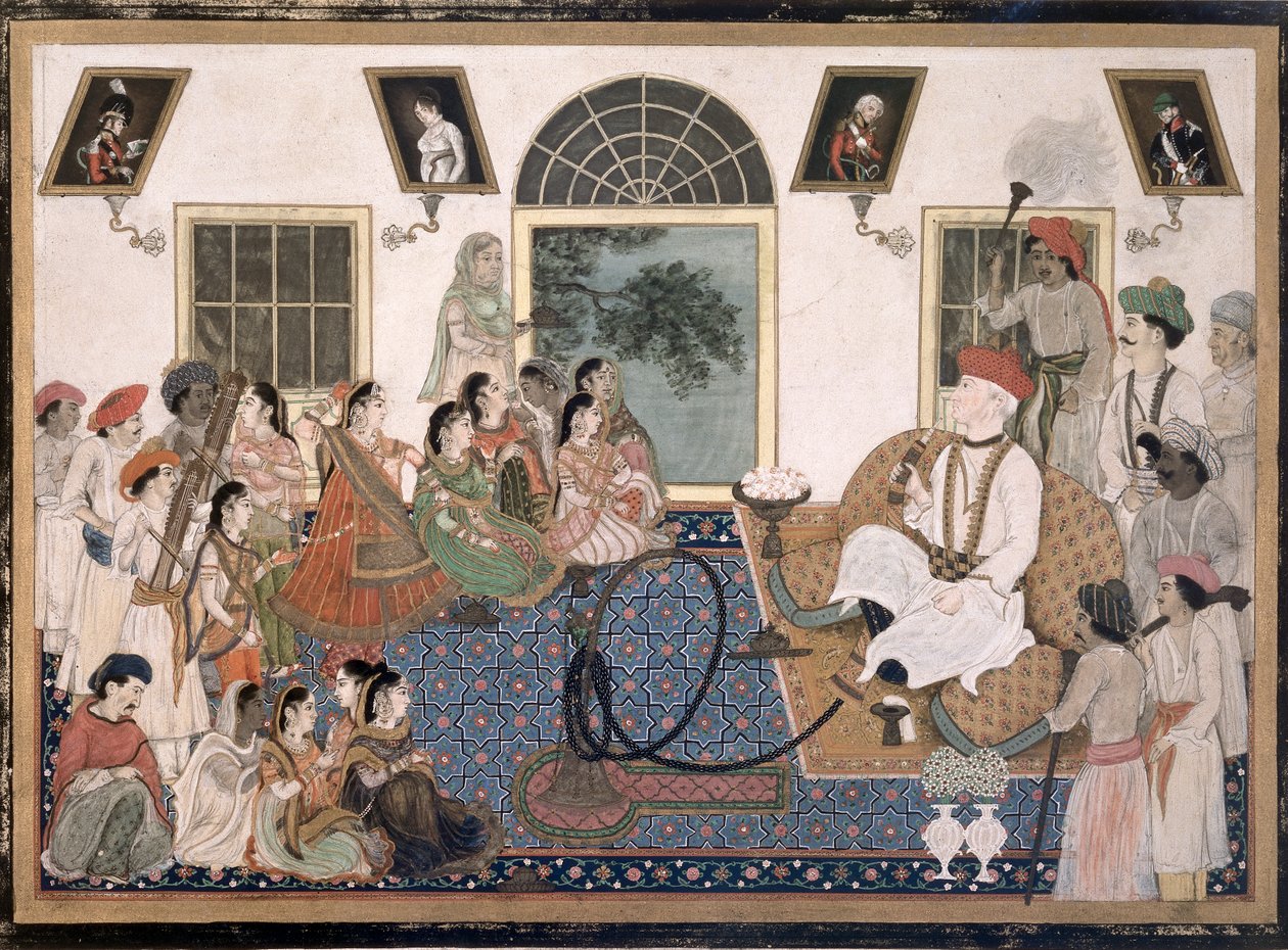 En europeer, sannsynligvis Sir David Ochterlony (1758-1825), i indisk kjole, røykte vannpipe og så på en nautch i huset sitt i Delhi, ca. 1820 (blekk og farger på papir) av Persian School