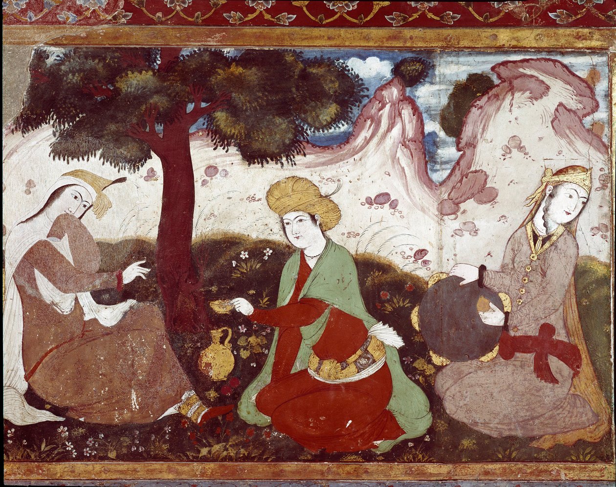 En persisk prinsesse med kurtisanene sine i en hage fra 1600-tallet. Freske fra Palace of the 40 Columns (Chehel Sotoun) i Isfahan (Isfahan eller Espahan, Esfahan), Iran. av Persian School